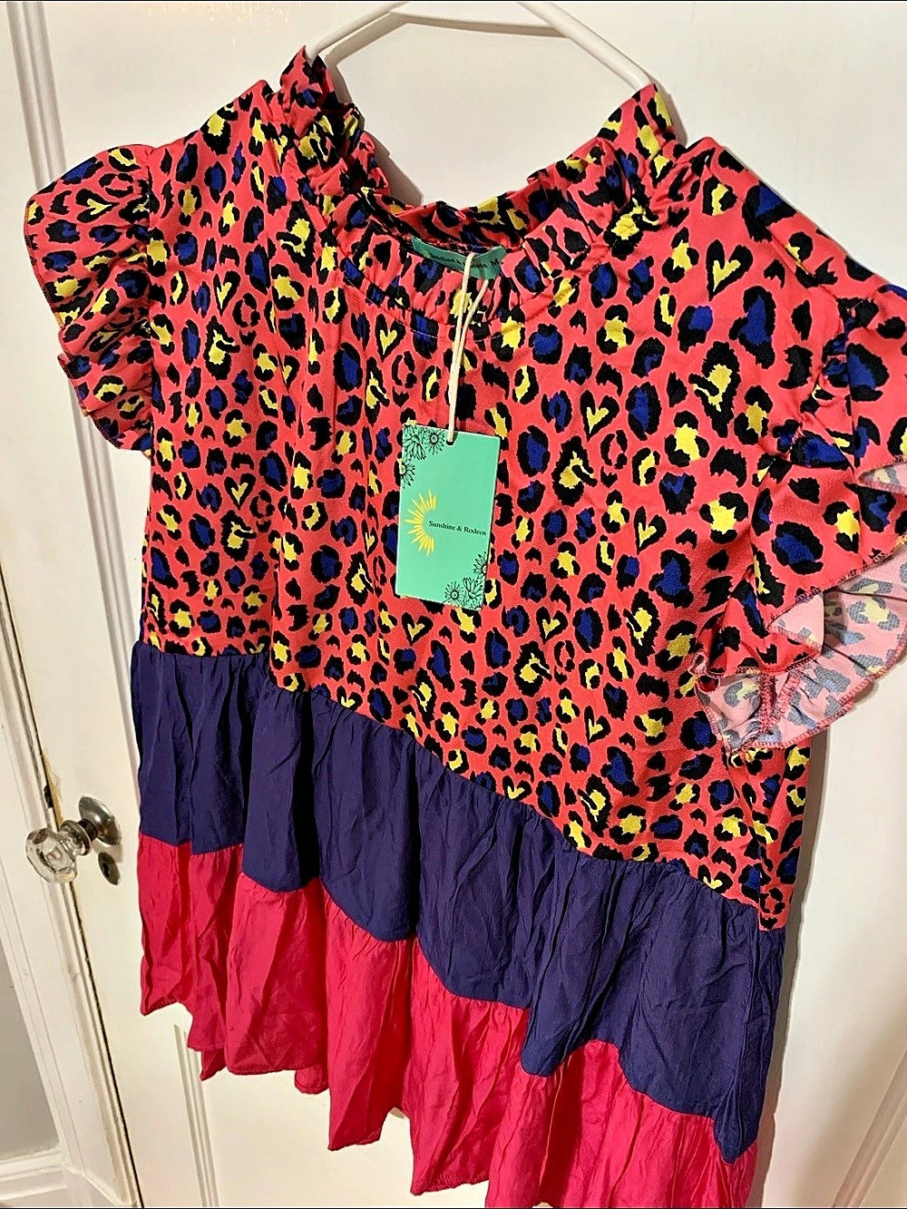NWT Sunshine & Rodeos Colorful Leopard Print Ruffle Blouse - Picture 2 of 4